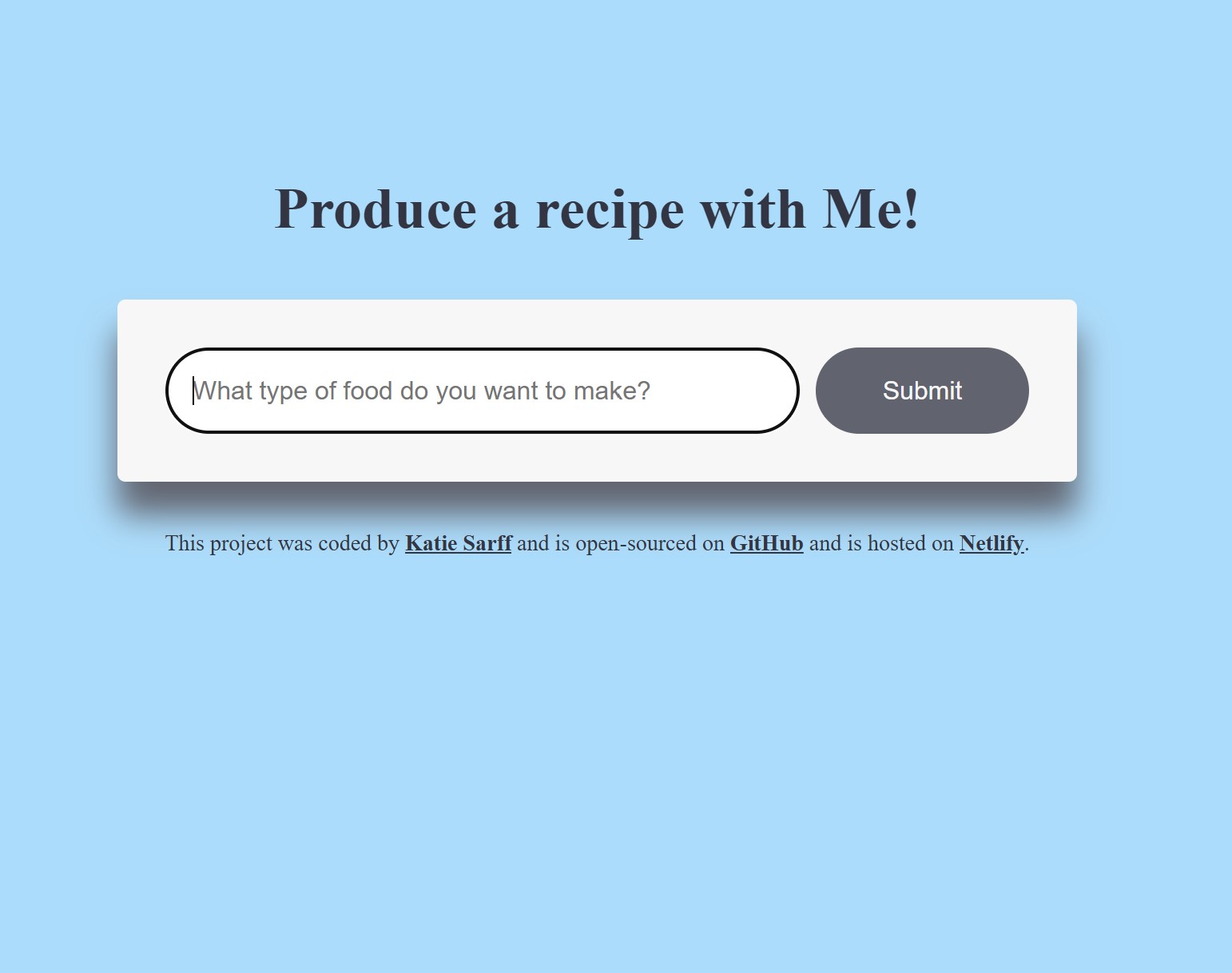 homescreen of AI recipe generator